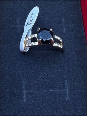 Gold Ring with Black Center Stone and Clear Accents - Women's Size 9